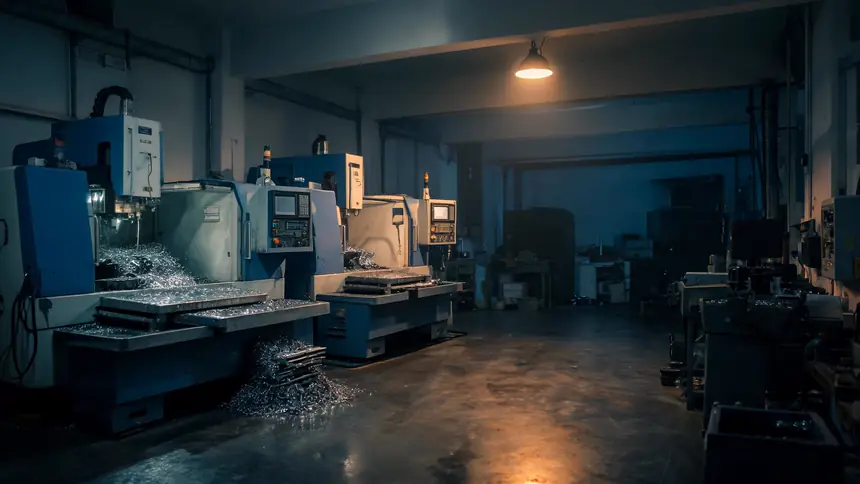 A small machine shop at the end of a shift, coolant still on the machine beds under one warm lamp.