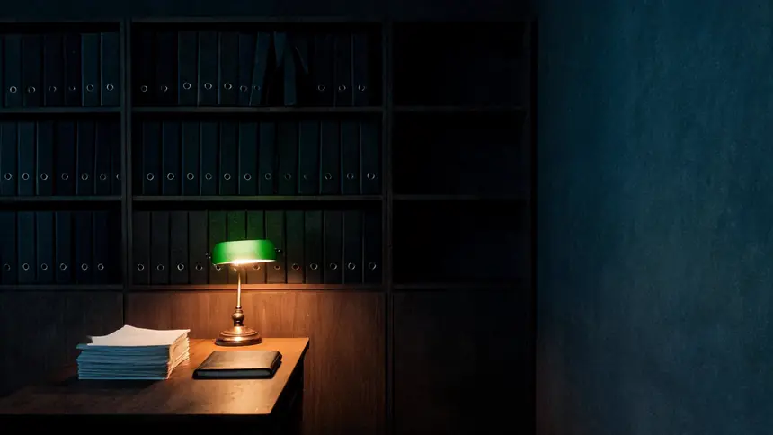 A small practice at night with no window at all: a green-shaded lamp over a timber desk, a wall of ring binders behind it.