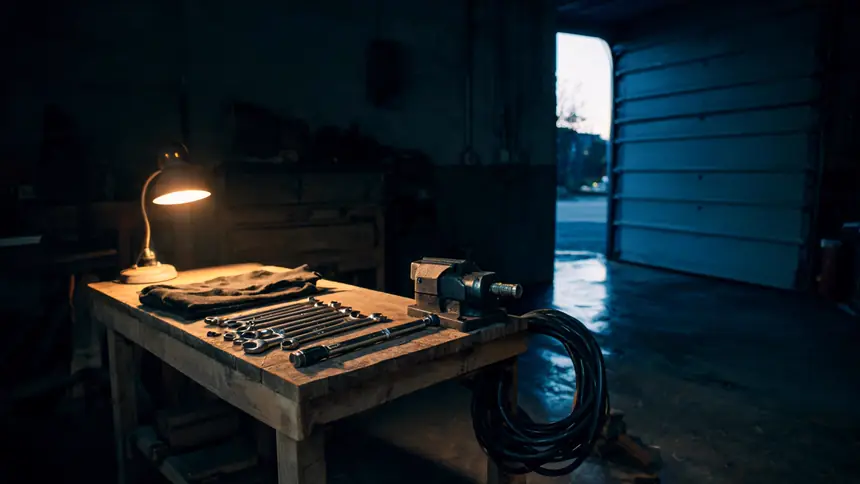 A workshop bench at dusk, spanners laid out on a cloth beside a vice, roller door half open.