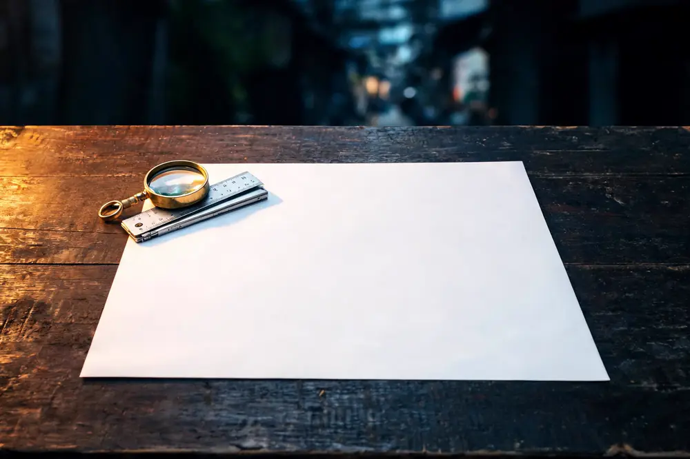 A blank sheet of paper on a dark workbench with a brass loupe and a folded steel rule laid across one corner.
