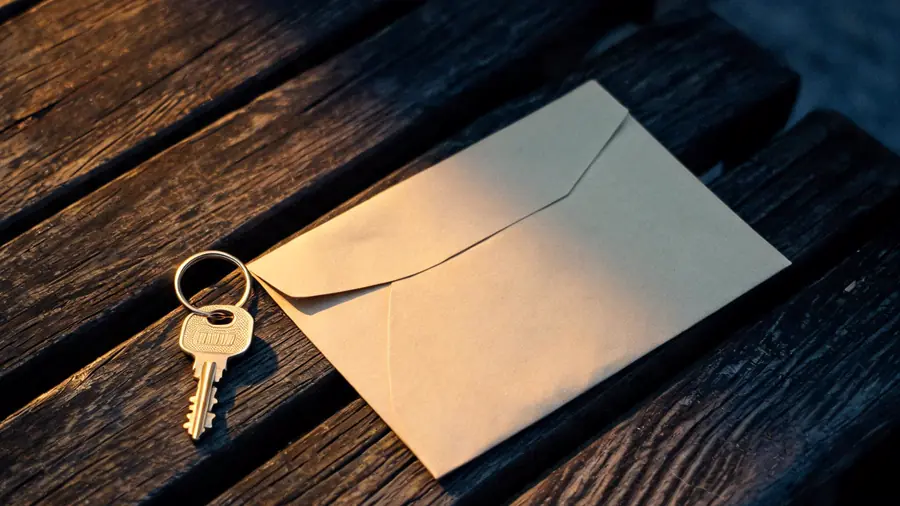 A single brass key on a ring beside a plain unmarked envelope, on a weathered timber bench lit from one side.
