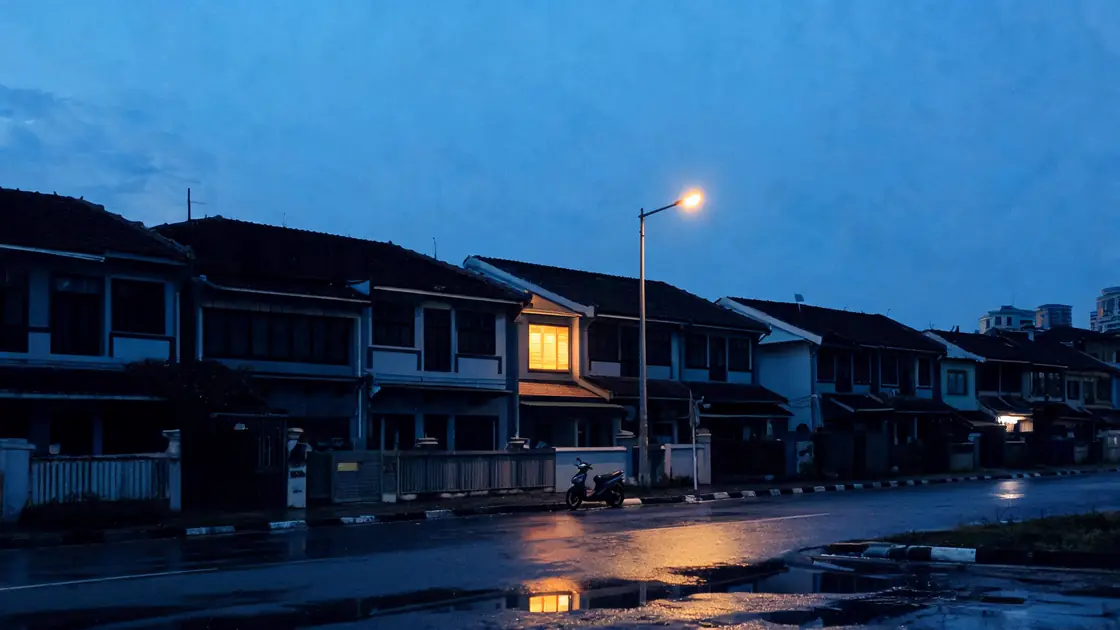 A quiet Penang terrace street at blue hour, one upstairs window still lit, the road wet under a single street lamp.