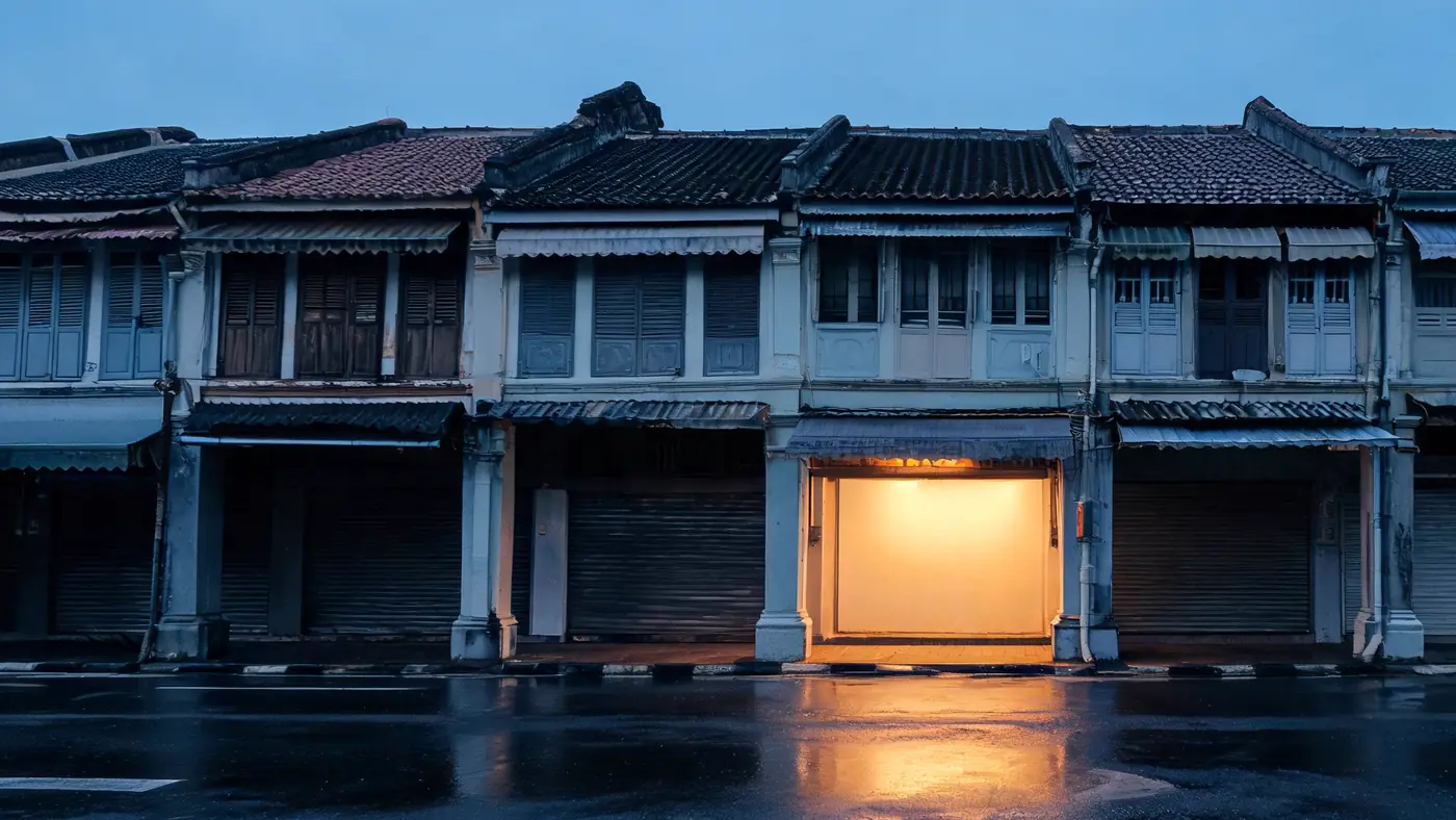 A George Town shophouse terrace at dusk. Eight narrow units side by side, all shuttered except one, which is open and lit.