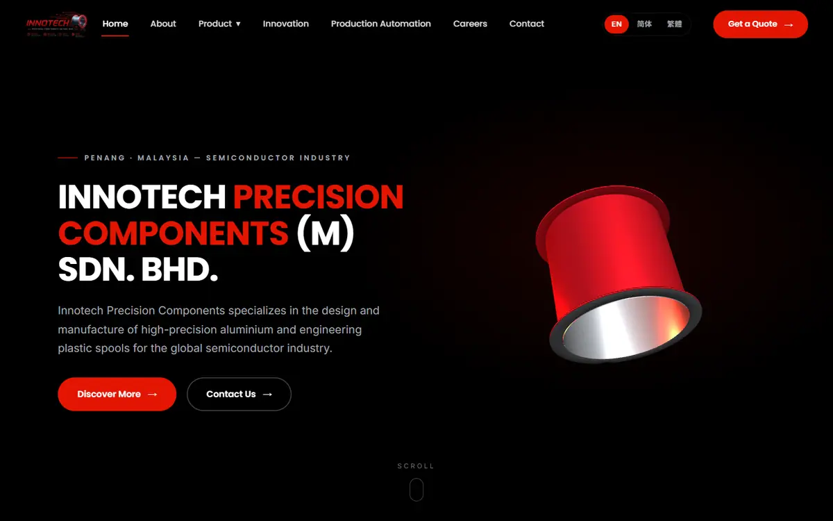 The Innotech Precision Components homepage: a dark red-accented layout with precision spool specifications set as a table.