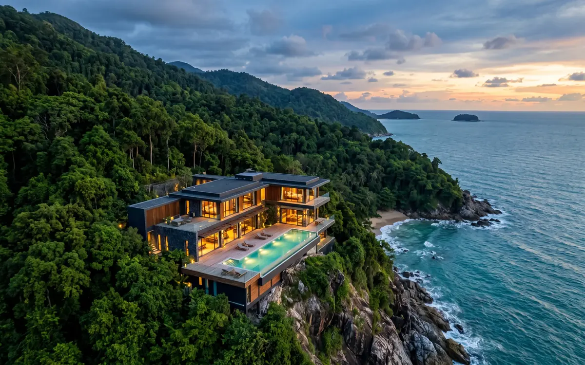 A frame from the LANGIT concept build: a cliff-edge villa above the sea at golden hour, seen from the approach the scroll flies along.